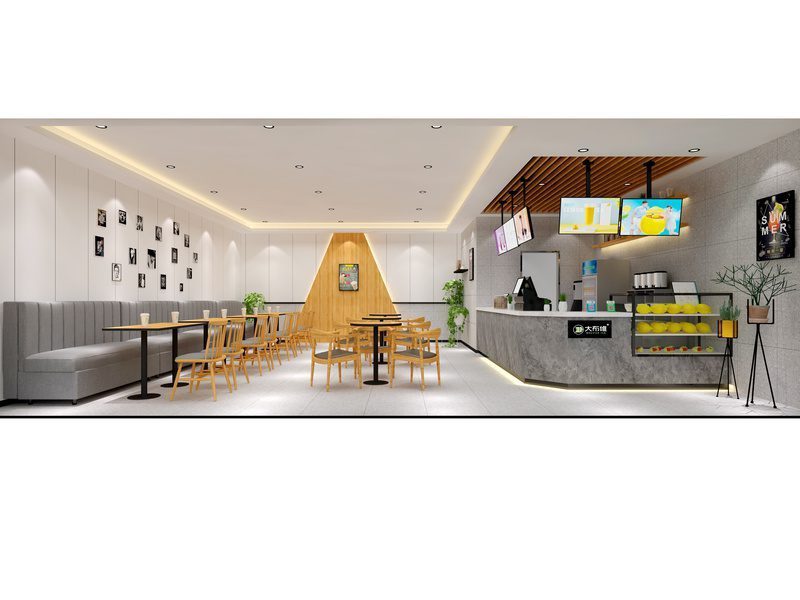 奶茶店裝修效果圖木質座椅定制設計弧線水吧臺效果圖