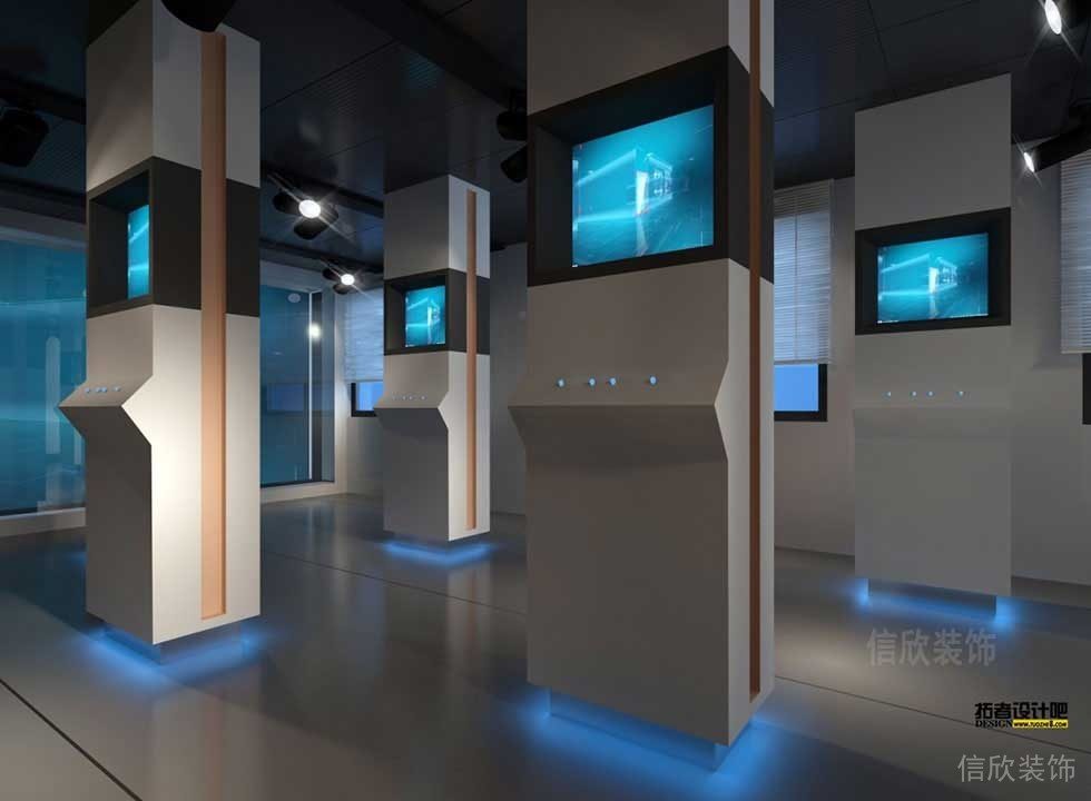 博物館展覽會場創(chuàng)意燈藍色設計顯示屏墻體信息展示宣傳效果設計