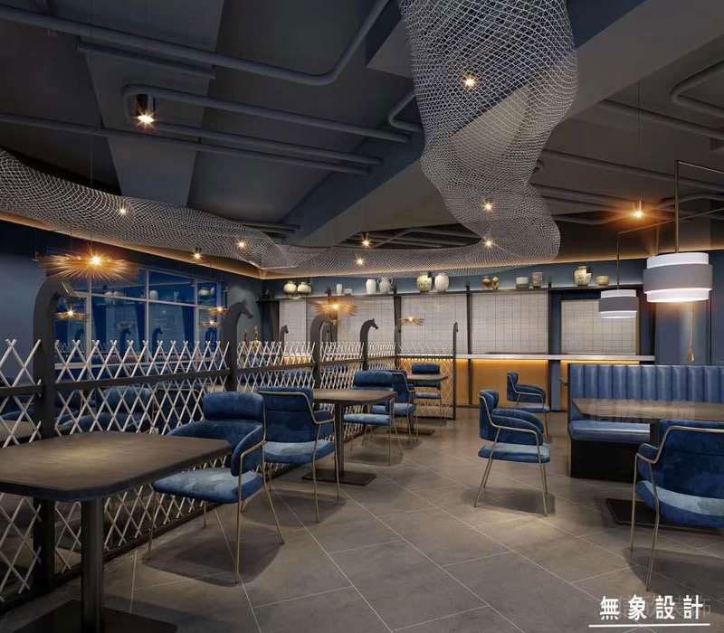 羅湖餐廳裝修燒烤店設(shè)計效果圖藍(lán)色餐椅