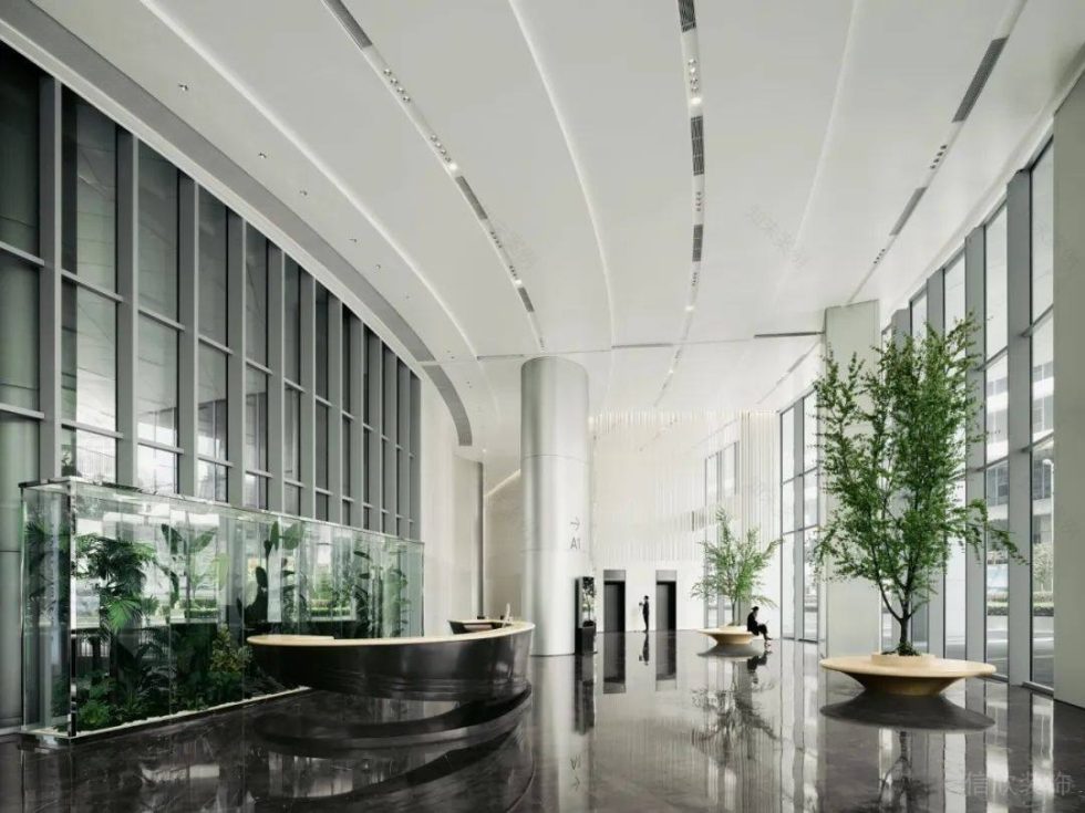 高級現代風辦公室裝修案例大堂前臺綠色植物背景